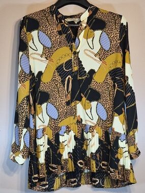 Printed Long-Sleeve Peplum Tunic Top - Multi